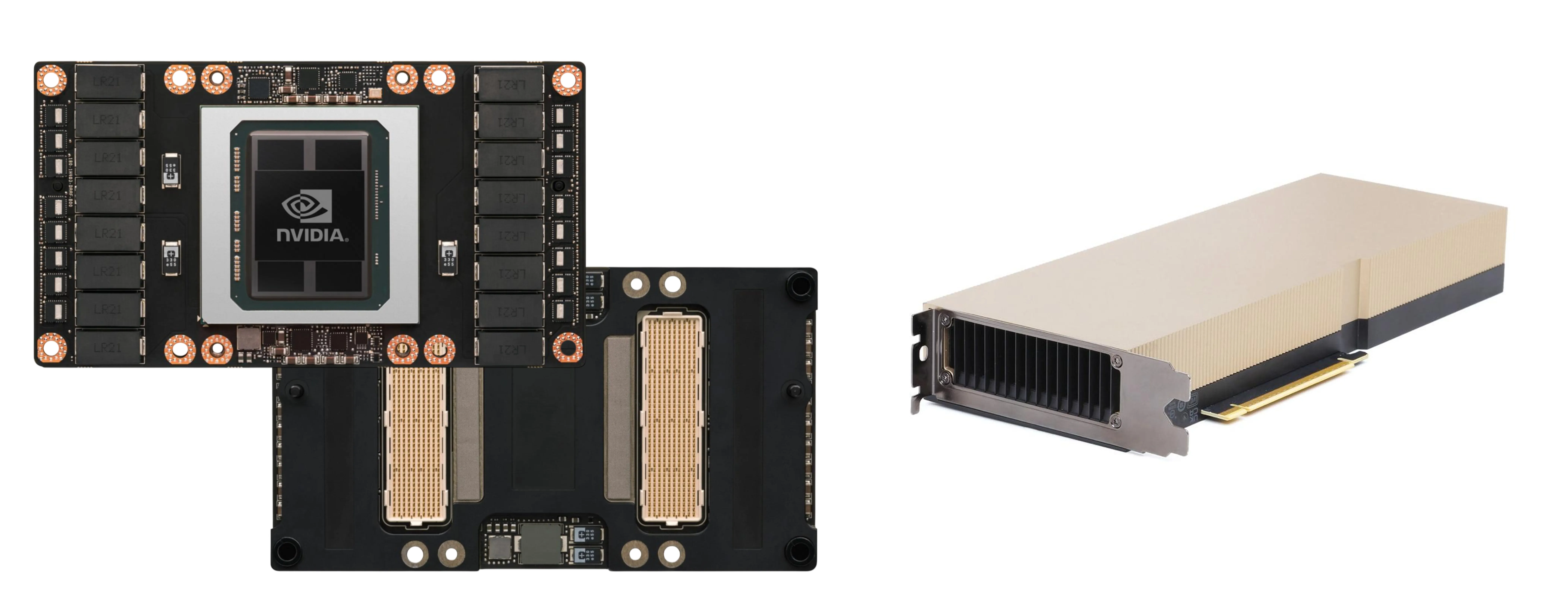 Side-by-side comparison of an NVIDIA SXM GPU module and a PCIe GPU card